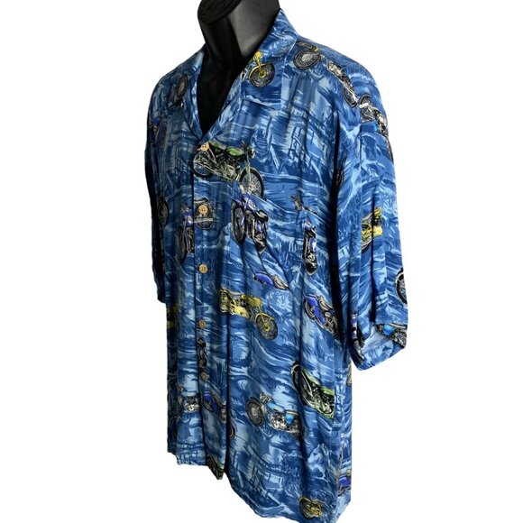 Vintage 90s Hawaiian Motorcycle Shirt XXL Blue Buttons Pocket Camp Short Sleeves - Picture 3 of 6